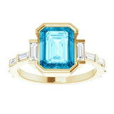 14CT GOLD EMERALD-CUT BLUE MOISSANITE & BAGUETTE DIAMOND ENGAGEMENT RING