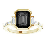 14CT GOLD EMERALD-CUT BLACK MOISSANITE & BAGUETTE DIAMOND ENGAGEMENT RING