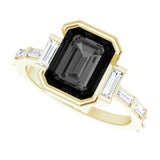 14CT GOLD EMERALD-CUT BLACK MOISSANITE & BAGUETTE DIAMOND ENGAGEMENT RING