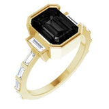 14CT GOLD EMERALD-CUT BLACK MOISSANITE & BAGUETTE DIAMOND ENGAGEMENT RING