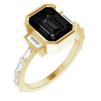 14CT GOLD EMERALD-CUT BLACK MOISSANITE & BAGUETTE DIAMOND ENGAGEMENT RING