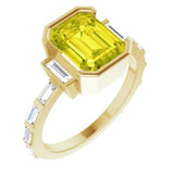 14CT GOLD EMERALD-CUT CHRYSOBERYL & BAGUETTE DIAMOND ENGAGEMENT RING