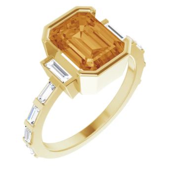 14CT GOLD EMERALD-CUT ORANGE CITRINE & BAGUETTE DIAMOND ENGAGEMENT RING