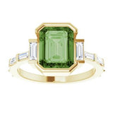 14CT GOLD EMERALD-CUT GREEN TOURMALINE & BAGUETTE DIAMOND ENGAGEMENT RING