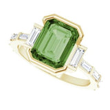 14CT GOLD EMERALD-CUT GREEN TOURMALINE & BAGUETTE DIAMOND ENGAGEMENT RING