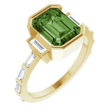 14CT GOLD EMERALD-CUT GREEN TOURMALINE & BAGUETTE DIAMOND ENGAGEMENT RING