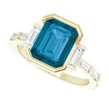 14CT GOLD EMERALD-CUT LONDON BLUE TOPAZ & BAGUETTE DIAMOND ENGAGEMENT RING