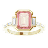 14CT GOLD EMERALD-CUT MORGANITE & BAGUETTE DIAMOND ENGAGEMENT RING