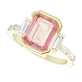 14CT GOLD EMERALD-CUT MORGANITE & BAGUETTE DIAMOND ENGAGEMENT RING