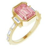 14CT GOLD EMERALD-CUT MORGANITE & BAGUETTE DIAMOND ENGAGEMENT RING