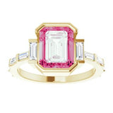 14CT GOLD EMERALD-CUT PINK MOISSANITE & BAGUETTE DIAMOND ENGAGEMENT RING