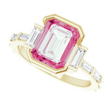 14CT GOLD EMERALD-CUT PINK MOISSANITE & BAGUETTE DIAMOND ENGAGEMENT RING