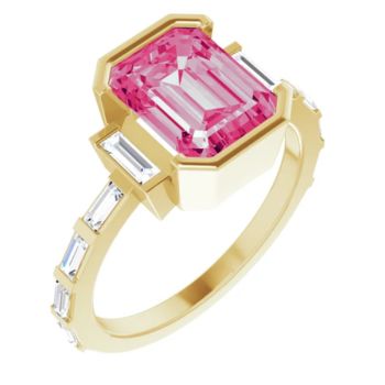 14CT GOLD EMERALD-CUT PINK MOISSANITE & BAGUETTE DIAMOND ENGAGEMENT RING