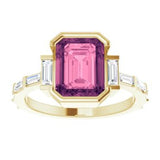 14CT GOLD EMERALD-CUT PINK TOURMALINE & BAGUETTE DIAMOND ENGAGEMENT RING