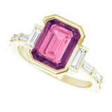 14CT GOLD EMERALD-CUT PINK TOURMALINE & BAGUETTE DIAMOND ENGAGEMENT RING