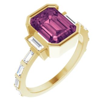 14CT GOLD EMERALD-CUT PINK TOURMALINE & BAGUETTE DIAMOND ENGAGEMENT RING