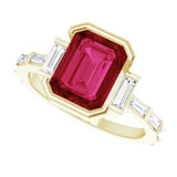 14CT GOLD EMERALD-CUT CREATED RUBY & BAGUETTE DIAMOND ENGAGEMENT RING