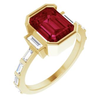 14CT GOLD EMERALD-CUT CREATED RUBY & BAGUETTE DIAMOND ENGAGEMENT RING