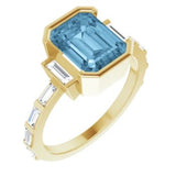 14CT GOLD EMERALD-CUT SKY BLUE TOPAZ & BAGUETTE DIAMOND ENGAGEMENT RING