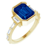 14CT GOLD EMERALD-CUT CREATED SAPPHIRE & BAGUETTE DIAMOND ENGAGEMENT RING