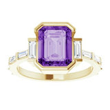 14CT GOLD EMERALD-CUT CREATED PURPLE SAPPHIRE & BAGUETTE DIAMOND ENGAGEMENT RING