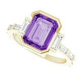 14CT GOLD EMERALD-CUT CREATED PURPLE SAPPHIRE & BAGUETTE DIAMOND ENGAGEMENT RING