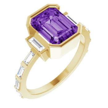 14CT GOLD EMERALD-CUT CREATED PURPLE SAPPHIRE & BAGUETTE DIAMOND ENGAGEMENT RING