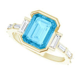 14CT GOLD EMERALD-CUT SWISS BLUE TOPAZ & BAGUETTE DIAMOND ENGAGEMENT RING