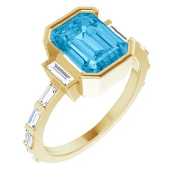 14CT GOLD EMERALD-CUT SWISS BLUE TOPAZ & BAGUETTE DIAMOND ENGAGEMENT RING