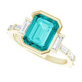 14CT GOLD EMERALD-CUT TEAL MOISSANITE & BAGUETTE DIAMOND ENGAGEMENT RING