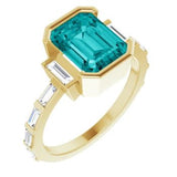 14CT GOLD EMERALD-CUT TEAL MOISSANITE & BAGUETTE DIAMOND ENGAGEMENT RING