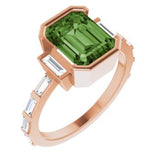 14CT GOLD EMERALD-CUT GREEN TOURMALINE & BAGUETTE DIAMOND ENGAGEMENT RING