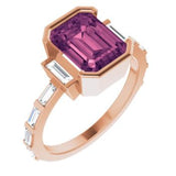 14CT GOLD EMERALD-CUT PINK TOURMALINE & BAGUETTE DIAMOND ENGAGEMENT RING