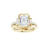 14CT GOLD EMERALD-CUT FOREVER ONE COLOURLESS MOISSANITE & BAGUETTE DIAMOND ENGAGEMENT RING