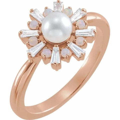 14CT ROSE GOLD CULTURED AKOYA PEARL, OPAL AND DIAMOND RING