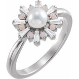 PLATINUM CULTURED AKOYA PEARL, OPAL AND DIAMOND RING