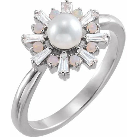 14CT WHITE GOLD CULTURED AKOYA PEARL, OPAL AND DIAMOND RING