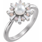 SILVER CULTURED AKOYA PEARL, OPAL AND DIAMOND RING