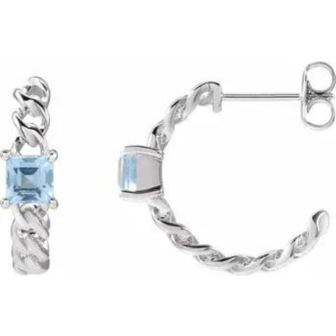 14CT SOLID WHITE GOLD SQUARE SKY BLUE TOPAZ SET CHAIN DEMI-HOOPS