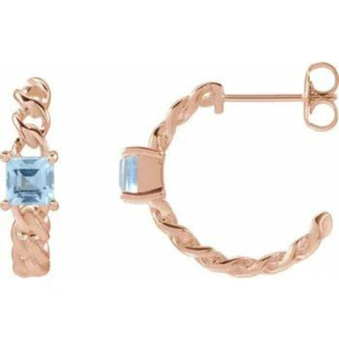 14CT SOLID ROSE GOLD SQUARE SKY BLUE TOPAZ SET CHAIN DEMI-HOOPS