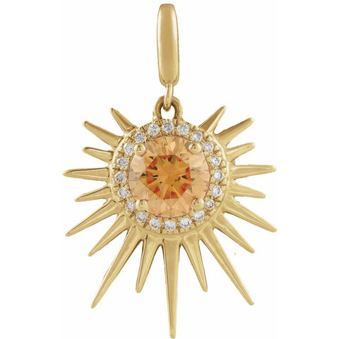 14CT GOLD CITRINE & DIAMOND HALO SUNBURST PENDANT CHARM