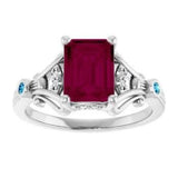 CUSTOM SILVER RHODOLITE GARNET, BLUE ZIRCON & DIAMOND HEIRLOOM RING