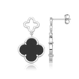 RHODIUM PLATED BLACK ONYX CLOVER LEAF DROP EARRINGS