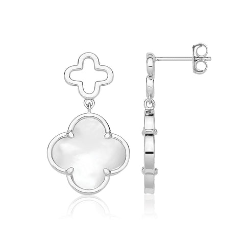 RHODIUM PLATED MOTHER OF PEARL CLOVER LEAF DROP EARRINGS