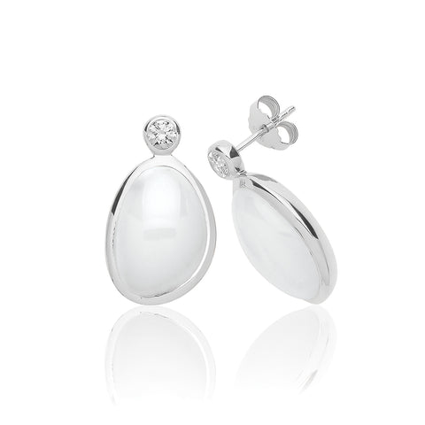 RHODIUM PLATED SILVER MOONSTONE & CUBIC ZIRCONIA STUDS