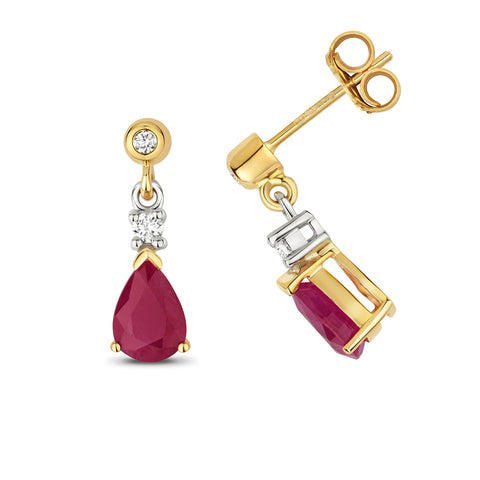 9CT GOLD PEAR CUT RUBY & DIAMOND DROP EARRINGS