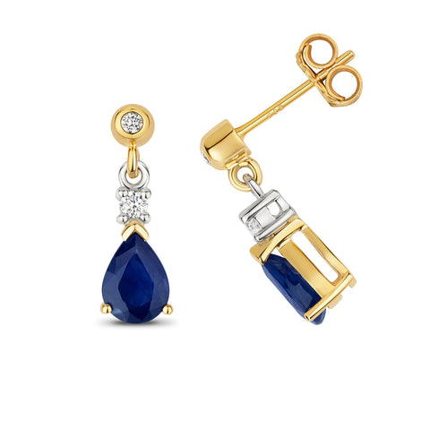 9CT GOLD PEAR CUT SAPPHIRE & DIAMOND DROP EARRINGS