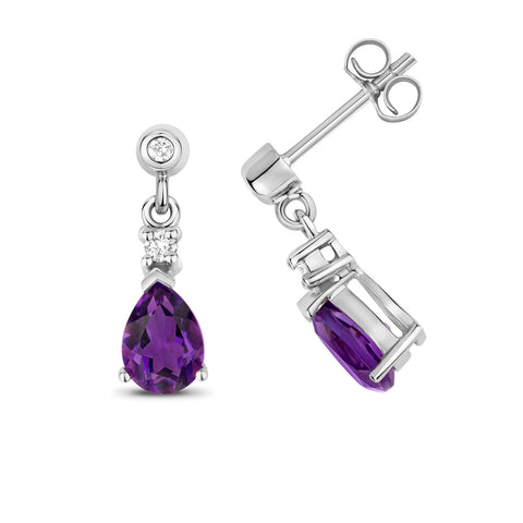 9CT WHITE GOLD PEAR CUT AMETHYST & DIAMOND DROP EARRINGS