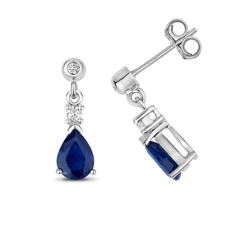 9CT WHITE GOLD PEAR CUT SAPPHIRE & DIAMOND DROP EARRINGS