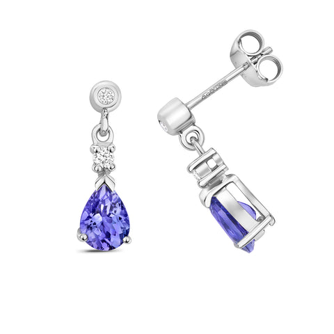 9CT WHITE GOLD PEAR CUT TANZANITE & DIAMOND DROP EARRINGS